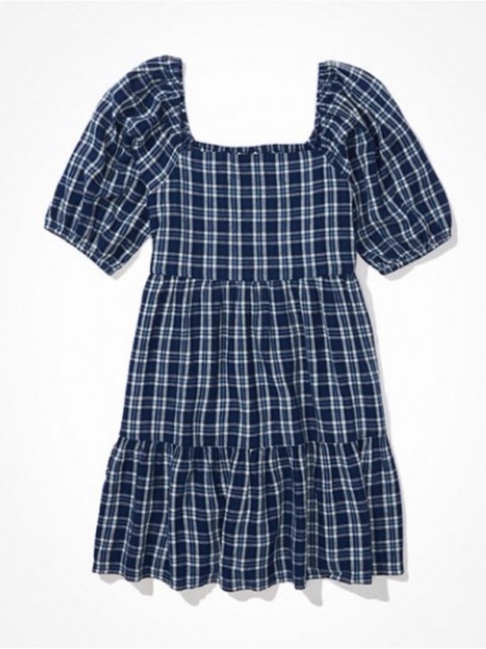 American Eagle Outfitters Navy Plaid Square-Neck Mini Dress